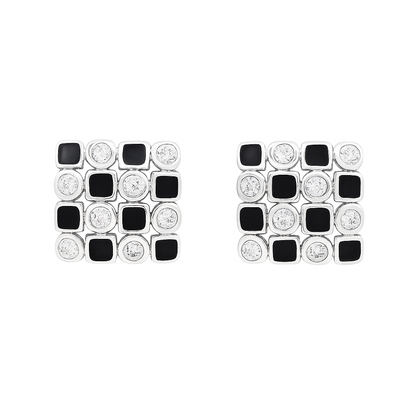 925 Silver Mosaic Stud Earrings with Black Enamel & CZ Accents