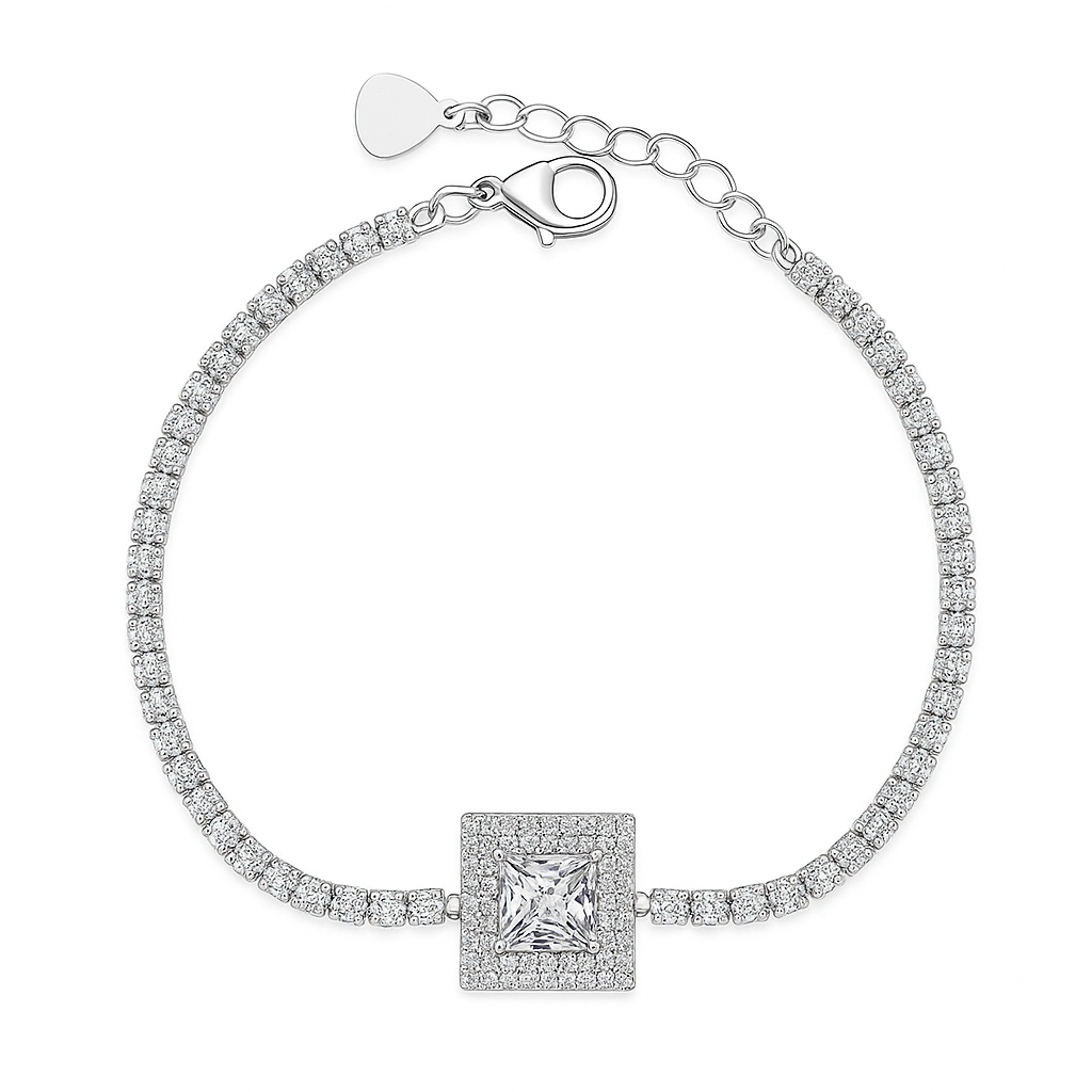 925 Silver Tennis Bracelet with Princess-Cut CZ Center & Adjustable Chain
