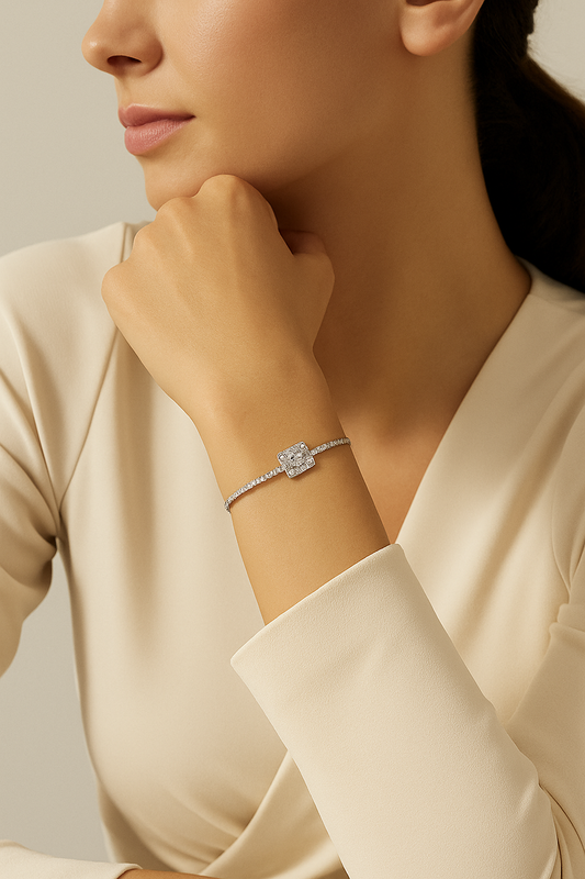 925 Silver Tennis Bracelet with Princess-Cut CZ Center & Adjustable Chain