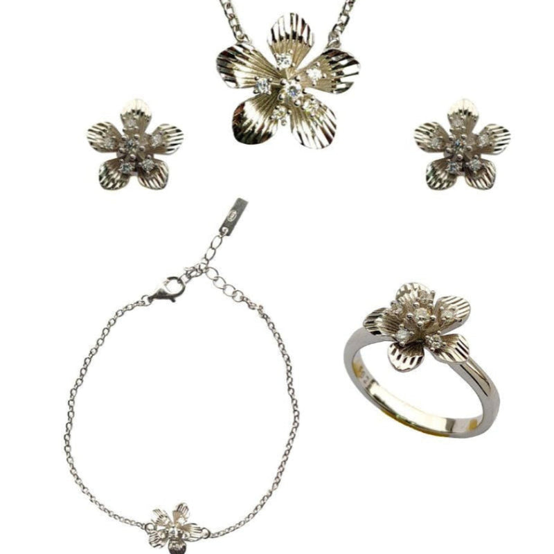 925 Silver Floral Jewelry Set – Necklace, Earrings, Bracelet & Ring(6 no.) with Cubic Zirconia