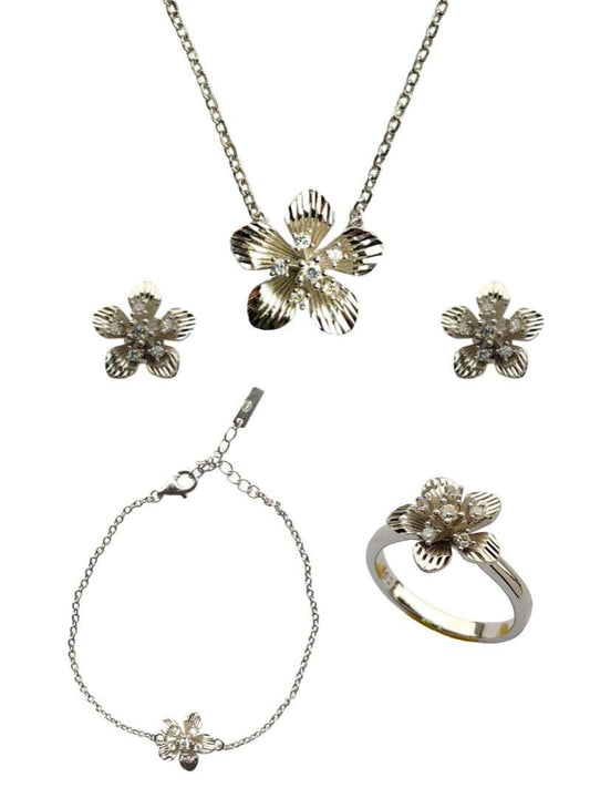 925 Silver Floral Jewelry Set – Necklace, Earrings, Bracelet & Ring(6 no.) with Cubic Zirconia
