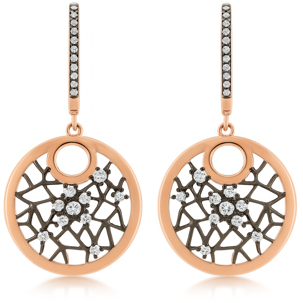 925 Sterling Silver Rose Gold Drop Earrings with Web-Inspired Openwork & CZ Accents