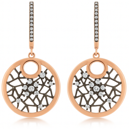 925 Sterling Silver Rose Gold Drop Earrings with Web-Inspired Openwork & CZ Accents