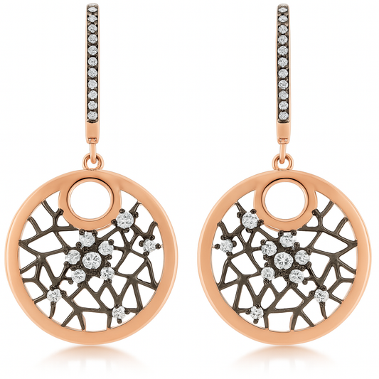 925 Sterling Silver Rose Gold Drop Earrings with Web-Inspired Openwork & CZ Accents
