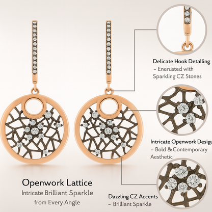 925 Sterling Silver Rose Gold Drop Earrings with Web-Inspired Openwork & CZ Accents