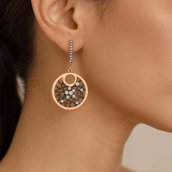 925 Sterling Silver Rose Gold Drop Earrings with Web-Inspired Openwork & CZ Accents