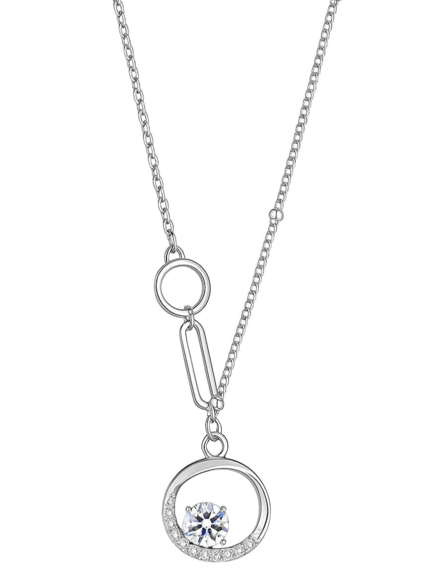 925 Sterling Silver Asymmetric Circle Pendant Necklace with CZ Solitaire