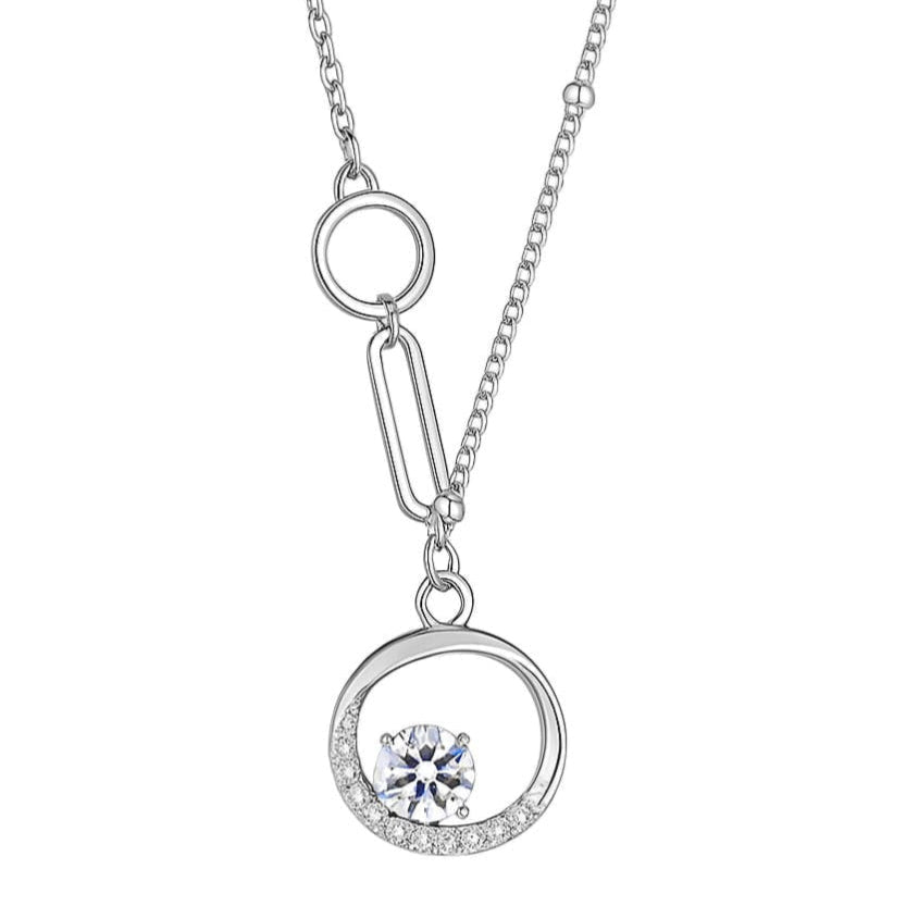 925 Sterling Silver Asymmetric Circle Pendant Necklace with CZ Solitaire