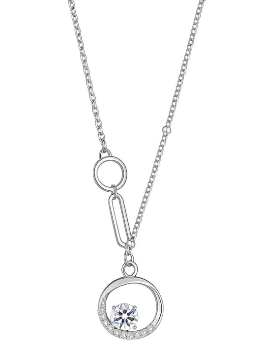 925 Sterling Silver Asymmetric Circle Pendant Necklace with CZ Solitaire