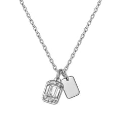 925 Sterling Silver Dual Charm Necklace with Emerald-Cut CZ & Minimal Tag
