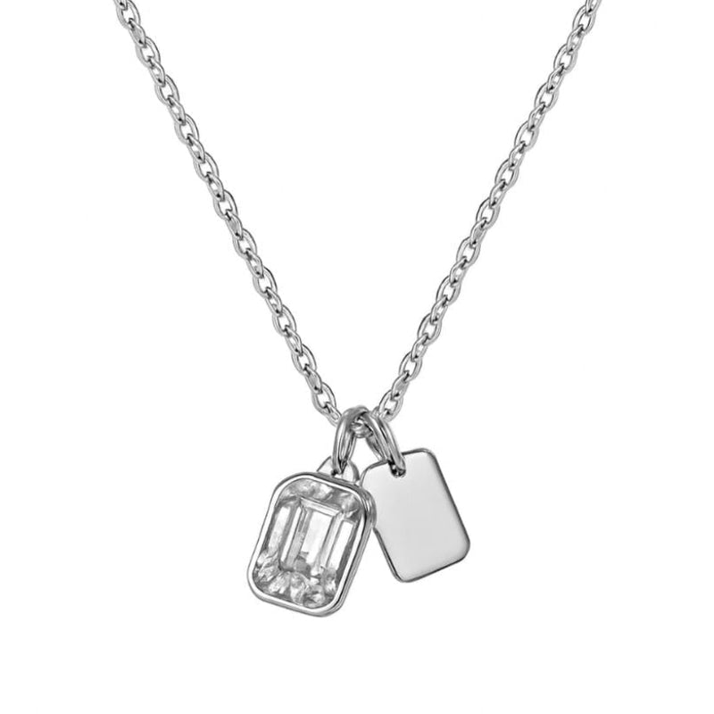 925 Sterling Silver Dual Charm Necklace with Emerald-Cut CZ & Minimal Tag