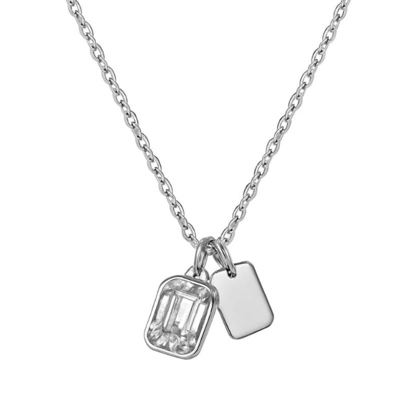 925 Sterling Silver Dual Charm Necklace with Emerald-Cut CZ & Minimal Tag