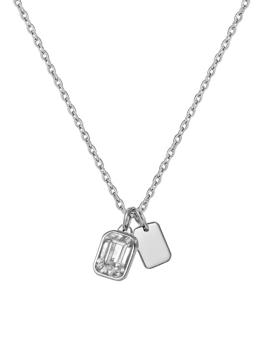 925 Sterling Silver Dual Charm Necklace with Emerald-Cut CZ & Minimal Tag