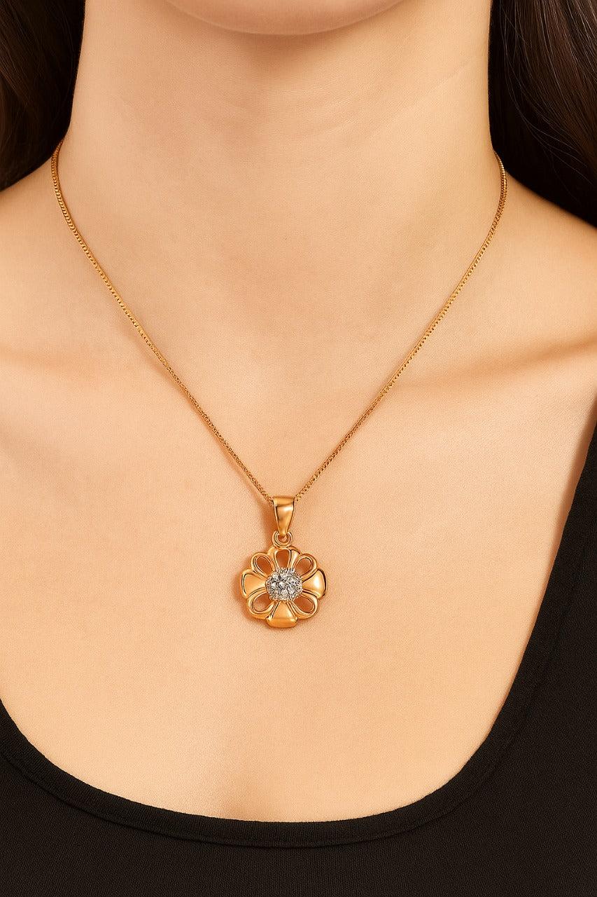 925 Sterling Silver Floral Pendant Necklace in Rose Gold Finish with CZ Center