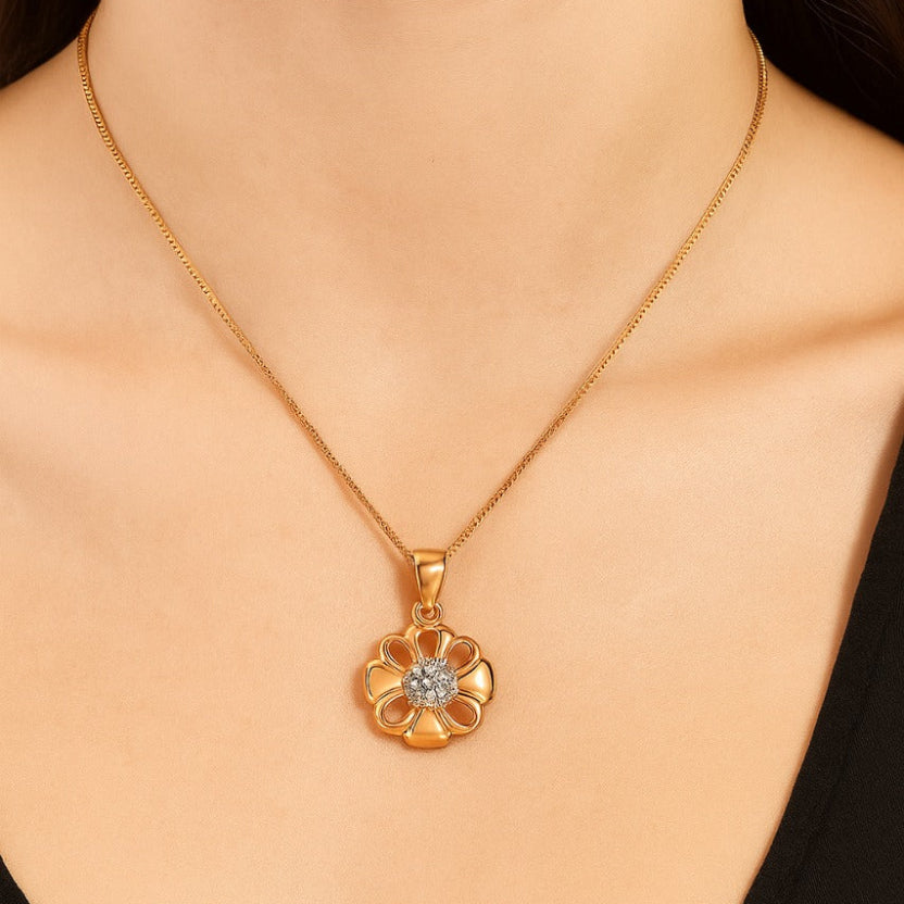 925 Sterling Silver Floral Pendant Necklace in Rose Gold Finish with CZ Center