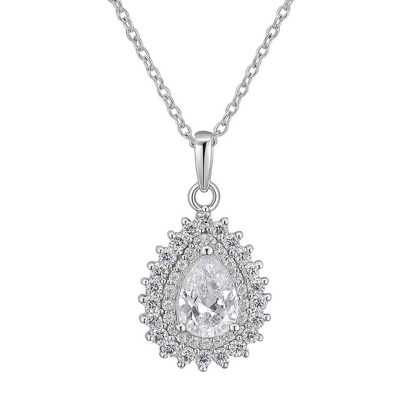 925 Sterling Silver Teardrop Halo Pendant Necklace in Rose Gold Finish