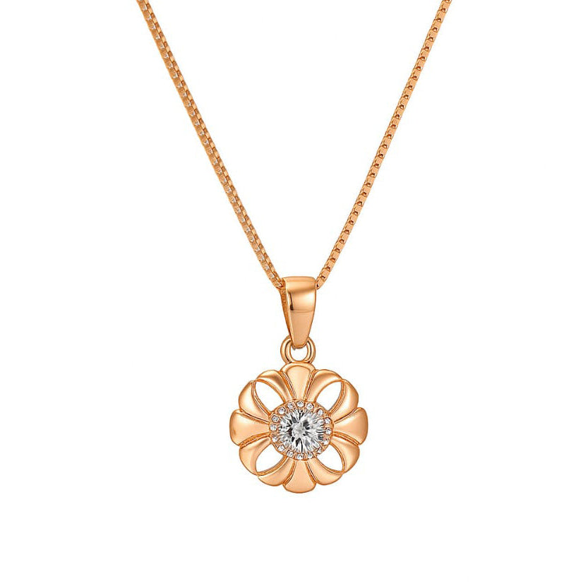 925 Sterling Silver Floral Pendant Necklace in Rose Gold Finish with CZ Center