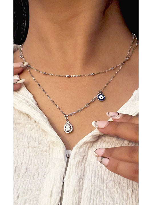 925 Sterling Silver Evil Eye & Teardrop double Layered Necklace with CZ Stones & Silver Beads