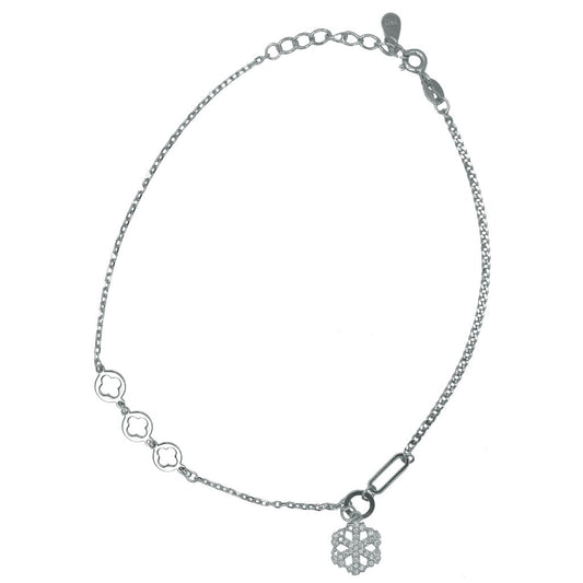 925 Silver Clover Link & CZ Pendant Anklet – Elegant Adjustable Sterling Silver Chain