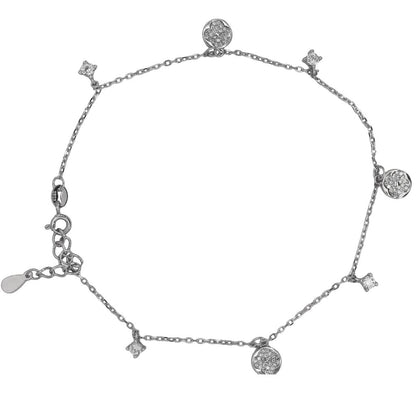 925 Silver Round & Four-Point Floral Charm Anklet with CZ Accents – Adjustable Chain (single)