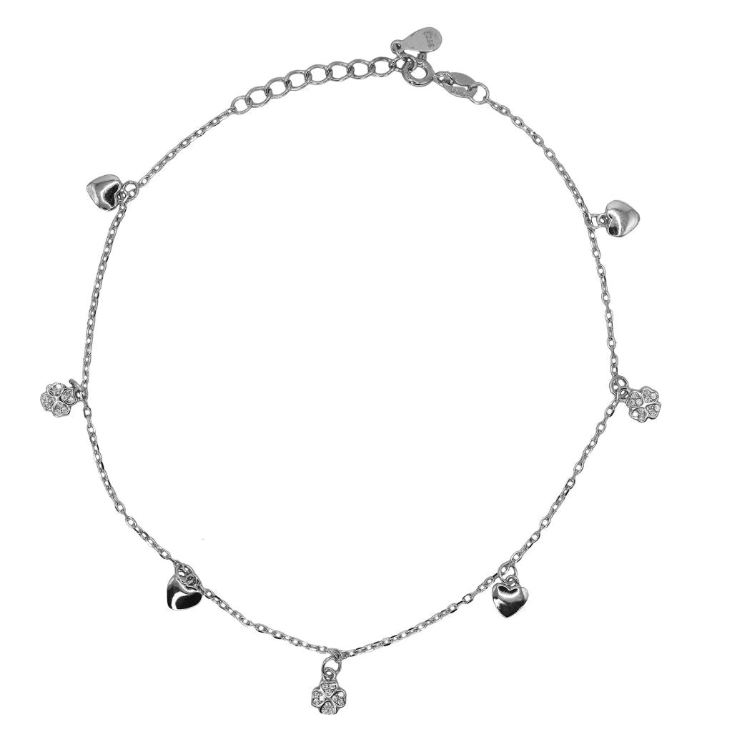 925 Silver Heart & Flower Charm Anklet with CZ Accents – Adjustable Delicate Chain (single)