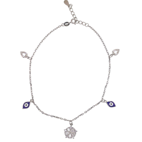925 Silver Evil Eye Anklet with Zircon Teardrop Charms & Floral Centerpiece (single)