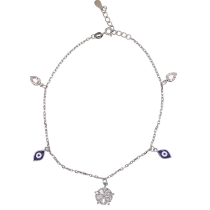 925 Silver Evil Eye Anklet with Zircon Teardrop Charms & Floral Centerpiece (single)