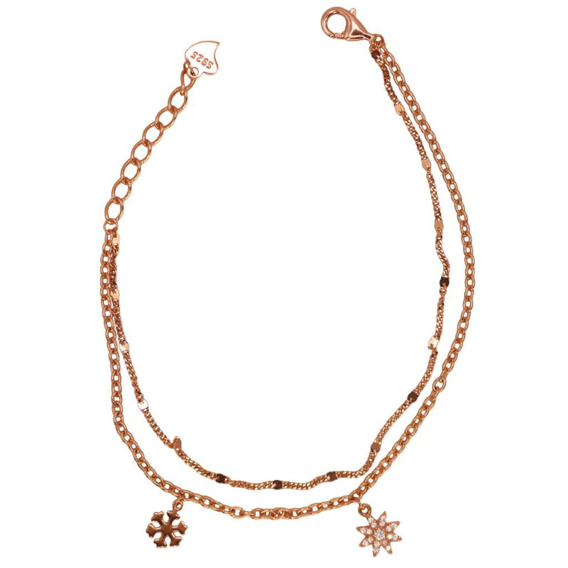 925 Sterling Silver Rose Gold Plated Double Chain Bracelet with Snowflake & Star Charms