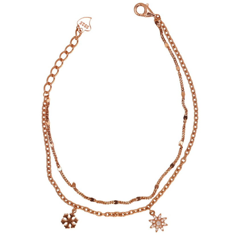 925 Sterling Silver Rose Gold Plated Double Chain Bracelet with Snowflake & Star Charms