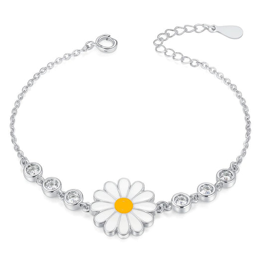 925 Silver Daisy Flower Bracelet with White Petals & CZ Beads