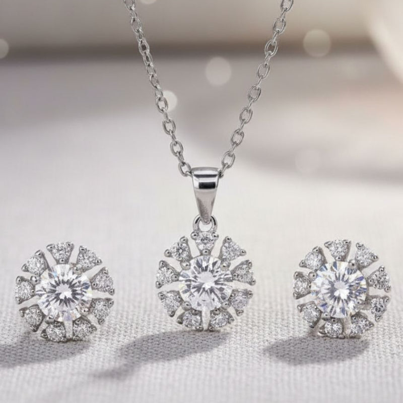 925 Silver Round Solitaire Pendant & Earrings Set with Cubic Zirconia