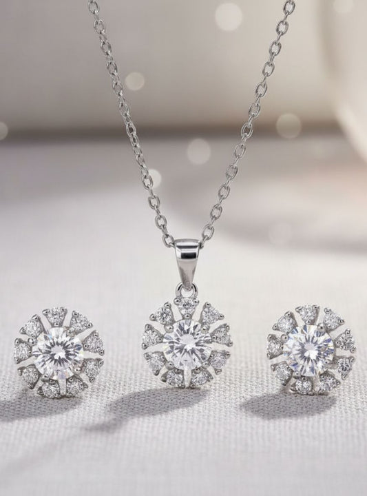 925 Silver Round Solitaire Pendant & Earrings Set with Cubic Zirconia