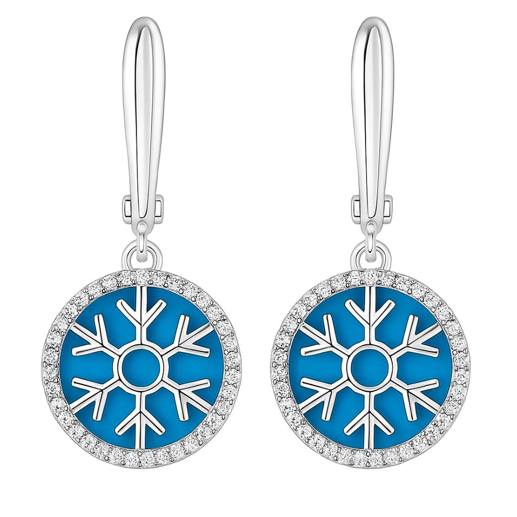 925 Silver Snowflake Drop Earrings with Blue Enamel & CZ Halo