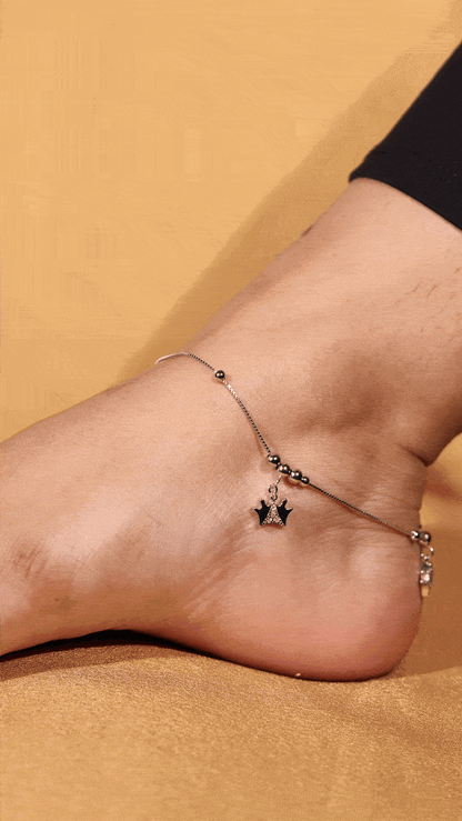 925 Silver Crown Charm Anklet with CZ Accents – Adjustable Beaded Chain Foot Bracelet (single)
