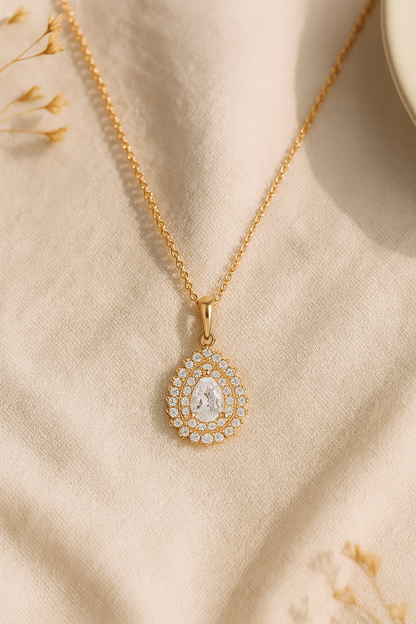 925 Sterling Silver Teardrop Halo Pendant Necklace in Rose Gold Finish