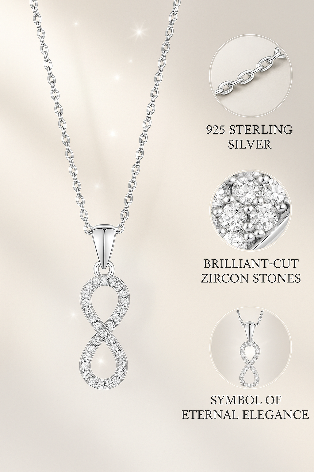 925 Sterling Silver Infinity Pendant Necklace with CZ Stones