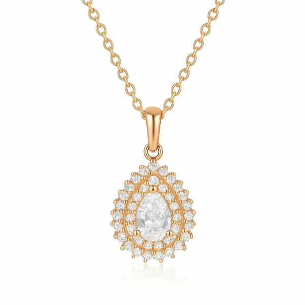 925 Sterling Silver Teardrop Halo Pendant Necklace in Rose Gold Finish