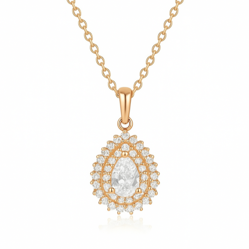 925 Sterling Silver Teardrop Halo Pendant Necklace in Rose Gold Finish