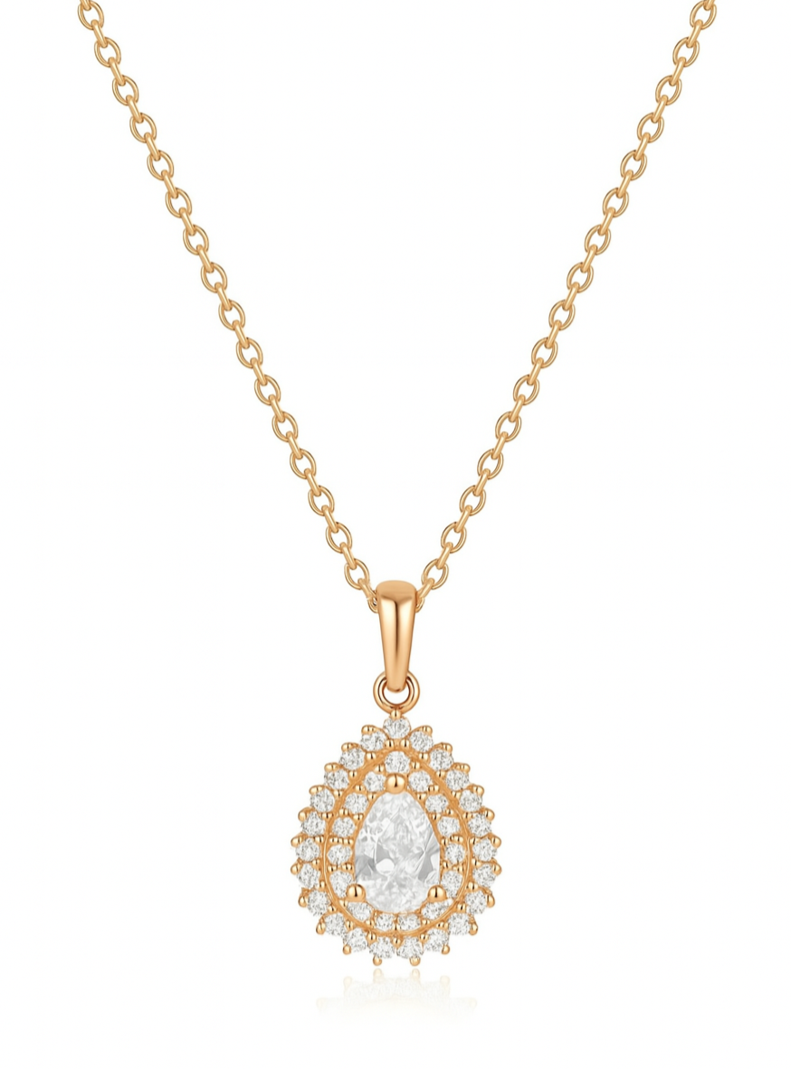 925 Sterling Silver Teardrop Halo Pendant Necklace in Rose Gold Finish