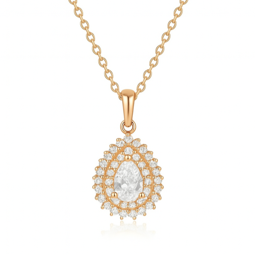 925 Sterling Silver Teardrop Halo Pendant Necklace in Rose Gold Finish