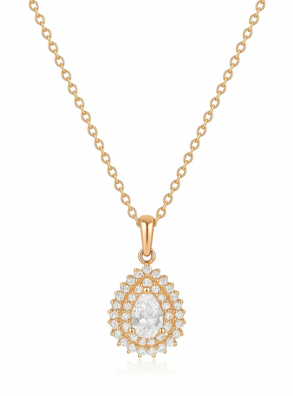 925 Sterling Silver Teardrop Halo Pendant Necklace in Rose Gold Finish
