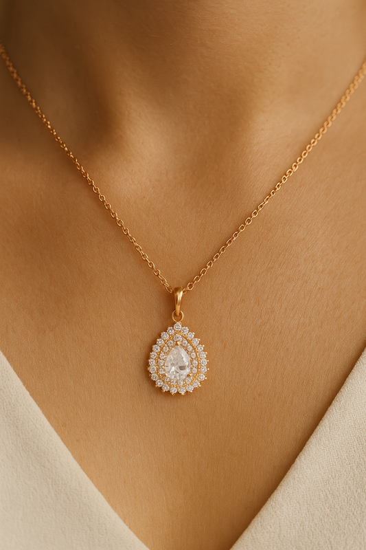 925 Sterling Silver Teardrop Halo Pendant Necklace in Rose Gold Finish