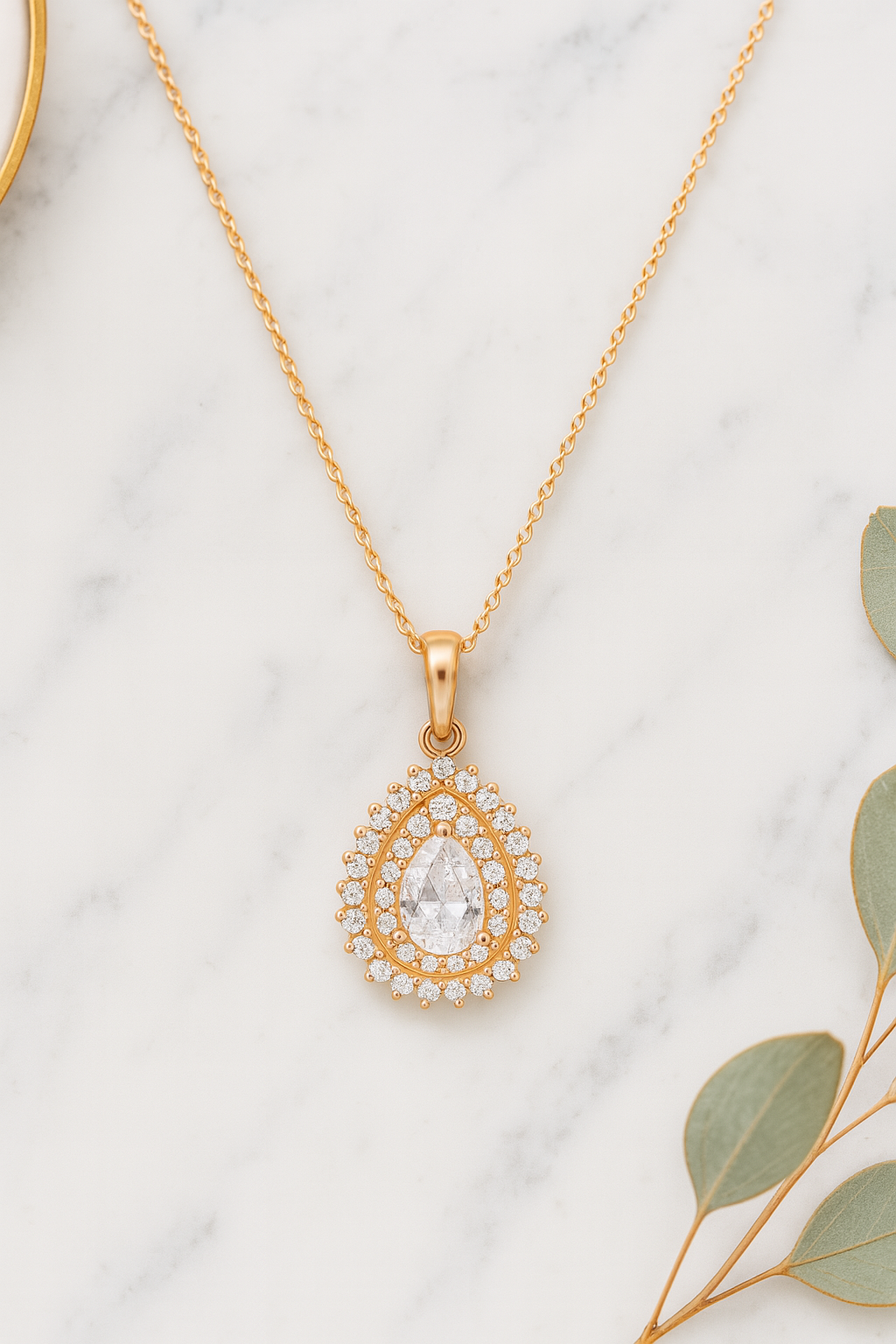 925 Sterling Silver Teardrop Halo Pendant Necklace in Rose Gold Finish