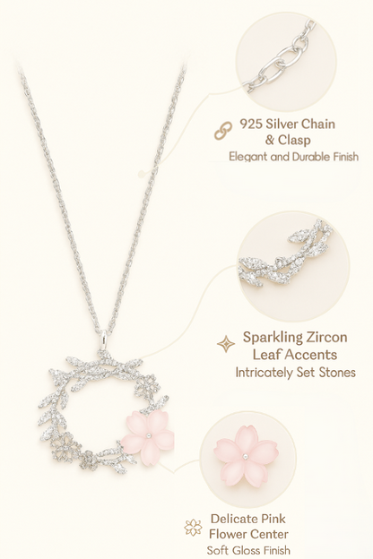 925 Sterling Silver Floral Wreath Pendant Necklace with Pink Blossom & CZ Accents