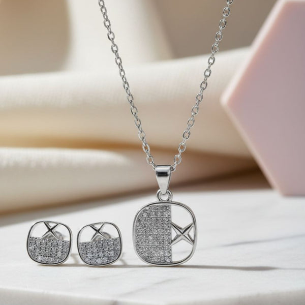 925 Silver Geometric Square Pendant & Earrings Set with CZ Detailing